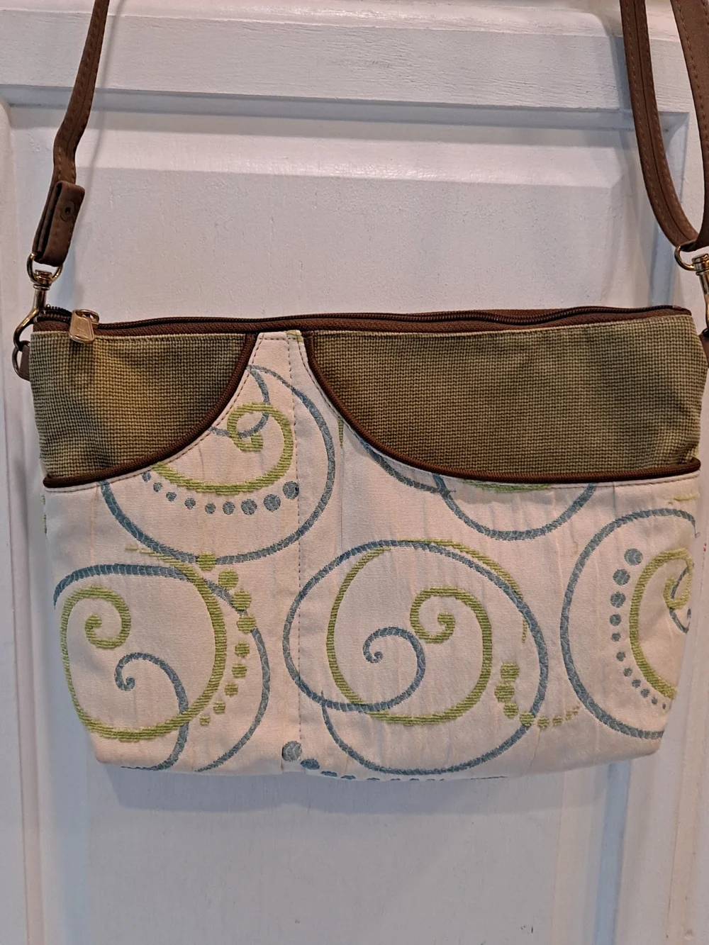 DANNY K. Cream Canvas Crossbody Green & Blue Embroidered Abstract Swirl Accents